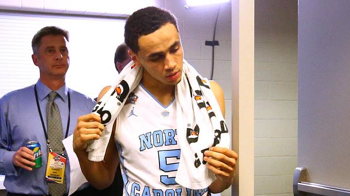 Apr 4, 2016; Houston, TX, USA; North Carolina Tar Heels guard Marcus Paige (5) reacts in the locker room after the game against the Villanova Wildcats in the championship game of the 2016 NCAA Men's Final Four at NRG Stadium. Villanova won 77-74. Mandatory Credit: Kevin Jairaj-Imagn Images