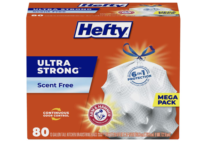 Hefty Ultra-Strong Tall Kitchen Trash Bags against white background.