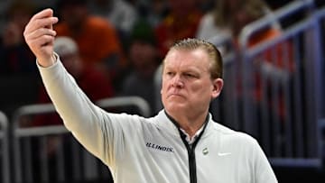 Mar 23, 2025; Milwaukee, WI, USA;  Illinois Fighting Illini head coach Brad Underwood reacts during the first half in the second round of the NCAA Tournament against the Kentucky Wildcats at Fiserv Forum. Mandatory Credit: Benny Sieu-Imagn Images