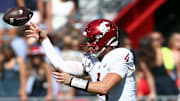 Oct 11, 2025; Oxford, Mississippi, USA; Washington State Cougars quarterback Zevi Eckhaus (4) passes the ball during the third quarter against the Mississippi Rebels at Vaught-Hemingway Stadium. Mandatory Credit: Petre Thomas-Imagn Images
