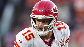 Nov 16, 2025; Denver, Colorado, USA; Kansas City Chiefs quarterback Patrick Mahomes (15) calls out from the line of scrimmage in the third quarter against the Denver Broncos at Empower Field at Mile High.