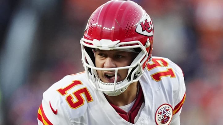 Nov 16, 2025; Denver, Colorado, USA; Kansas City Chiefs quarterback Patrick Mahomes (15) calls out from the line of scrimmage in the third quarter against the Denver Broncos at Empower Field at Mile High.
