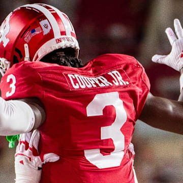 Indiana's Omar Cooper Jr. (3) celebrates against Western Illinois at Memorial Stadium.