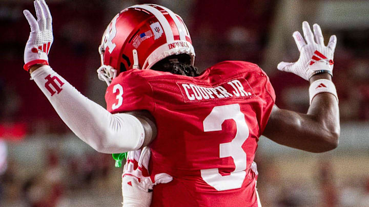 Indiana's Omar Cooper Jr. (3) celebrates against Western Illinois at Memorial Stadium.