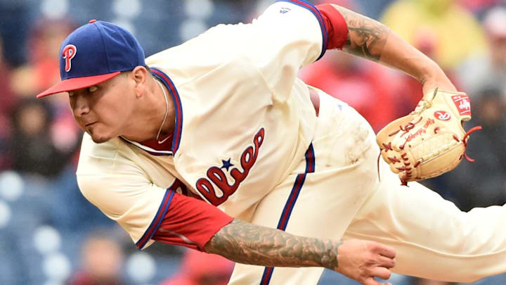 May 1, 2016; Philadelphia, PA, USA; Philadelphia Phillies starting pitcher Vince Velasquez (28) follows through on a pitch against the Cleveland Indians at Citizens Bank Park. The Phillies defeated the Indians, 2-1. Mandatory Credit: Eric Hartline-Imagn Images