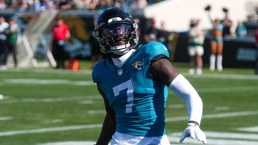Jacksonville Jaguars wide receiver Brian Thomas Jr. (7) celebrates a touchdown in the first quarter during an NFL football game at EverBank Stadium, Sunday, Dec. 14, 2025, in Jacksonville, Fla. [Doug Engle/Florida Times-Union]