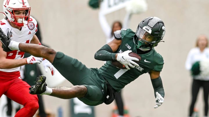 Michigan State's Jaden Mangham intercepts a Nebraska pass during the first quarter on Saturday, Nov. 4, 2023, at Spartan Stadium in East Lansing.