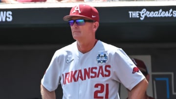  Arkansas Razorbacks head coach Dave Van Horn watches action in the fifth inning against the Stanford Cardinal at Charles Schwab Field.