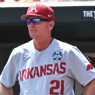  Arkansas Razorbacks head coach Dave Van Horn watches action in the fifth inning against the Stanford Cardinal at Charles Schwab Field.