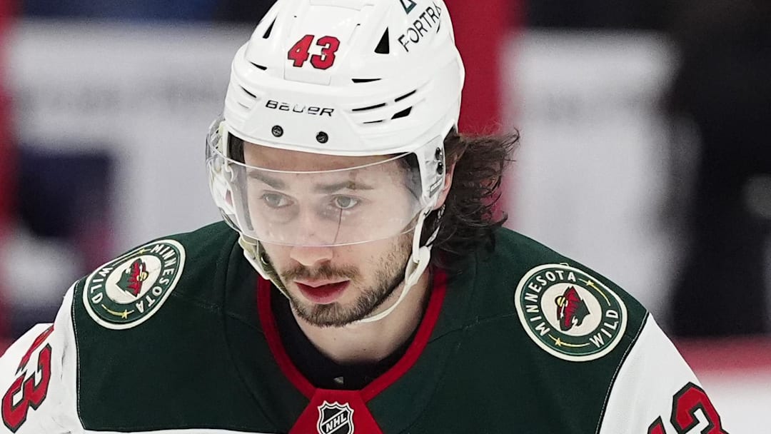 May 3, 2026; Denver, Colorado, USA; Minnesota Wild defenseman Quinn Hughes (43) warms up before game one against the Colorado Avalanche of the second round of the 2026 Stanley Cup Playoffs at Ball Arena. Mandatory Credit: Ron Chenoy-Imagn Images