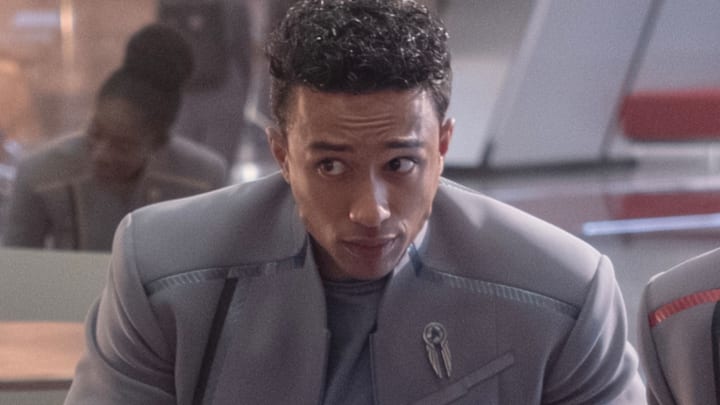 L-R: Kerrice Brooks, Romeo Carere, Karim Diané, Sandro Rosta, George Hawkins and Bella Shepard in season 1 , episode 5 of Star Trek: Starfleet Academy streaming on Paramount+. Photo Credit: Brooke Palmer/Paramount+