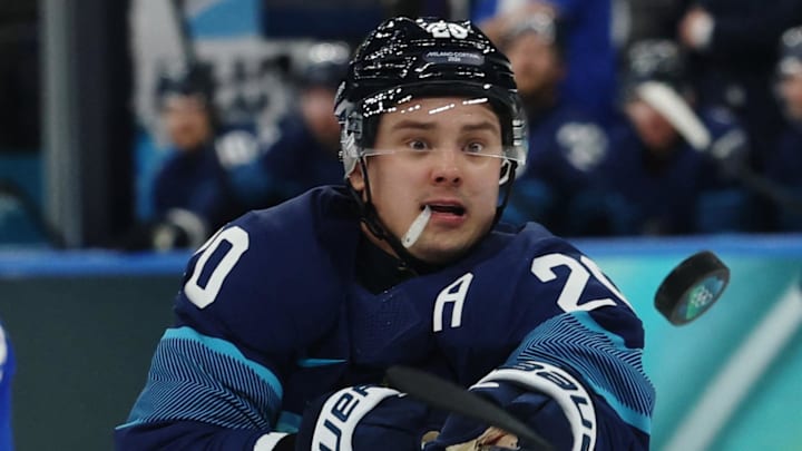 [US, Mexico & Canada customers only] Feb 14, 2026; Milan, Italy; Sebastian Aho of Finland in action  against Italy in men's ice hockey Group B play during the Milano Cortina 2026 Olympic Winter Games at Milano Santagiulia Ice Hockey Arena. Mandatory Credit: Mike Segar/Reuters via Imagn Images