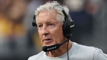 Las Vegas Raiders head coach Pete Carroll looks on in sadness