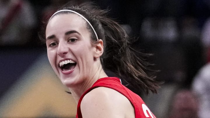 Sep 8, 2024; Indianapolis, Indiana, USA; Indiana Fever guard Caitlin Clark (22) smiles Sunday, Sept. 8, 2024, during a game between the Indiana Fever and the Atlanta Dream at Gainbridge Fieldhouse. Mandatory Credit: Grace Smith/USA TODAY Network via Imagn Images