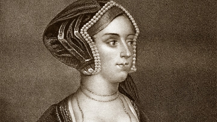 'Portrait of Anne Boleyn, second wife of King Henry VIII,' after a painting by Hans Holbein and engraved by H.T.  Ryall.