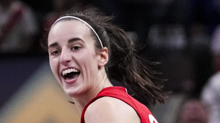 Sep 8, 2024; Indianapolis, Indiana, USA; Indiana Fever guard Caitlin Clark (22) smiles Sunday, Sept. 8, 2024, during a game between the Indiana Fever and the Atlanta Dream at Gainbridge Fieldhouse. Mandatory Credit: Grace Smith/USA TODAY Network via Imagn Images