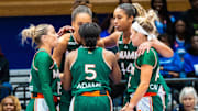 The Miami Hurricanes Women's Basketball team at No. 10 Duke talking during a foul.