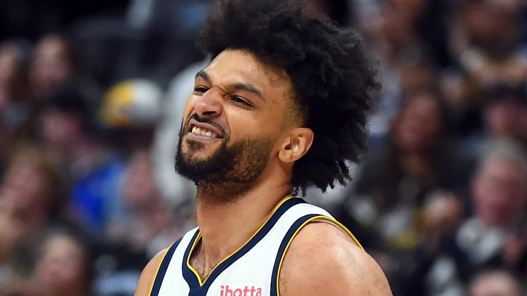 Apr 18, 2026; Denver, Colorado, USA; Denver Nuggets guard Jamal Murray (27) reacts after a basket and foul during the second half against the Minnesota Timberwolves in game one of the first round of the 2026 NBA Playoffs at Ball Arena. Mandatory Credit: Christopher Hanewinckel-Imagn Images