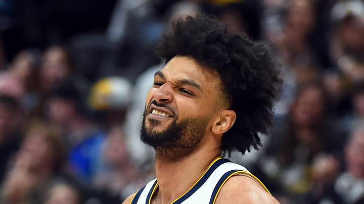 Apr 18, 2026; Denver, Colorado, USA; Denver Nuggets guard Jamal Murray (27) reacts after a basket and foul during the second half against the Minnesota Timberwolves in game one of the first round of the 2026 NBA Playoffs at Ball Arena. Mandatory Credit: Christopher Hanewinckel-Imagn Images