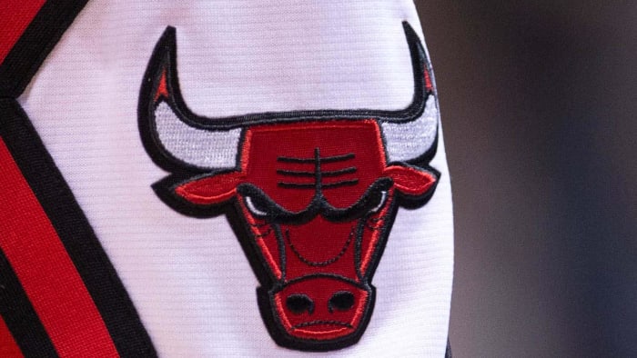 Feb 28, 2014; Dallas, TX, USA; A view of the Chicago Bulls logo during the game between the Dallas
