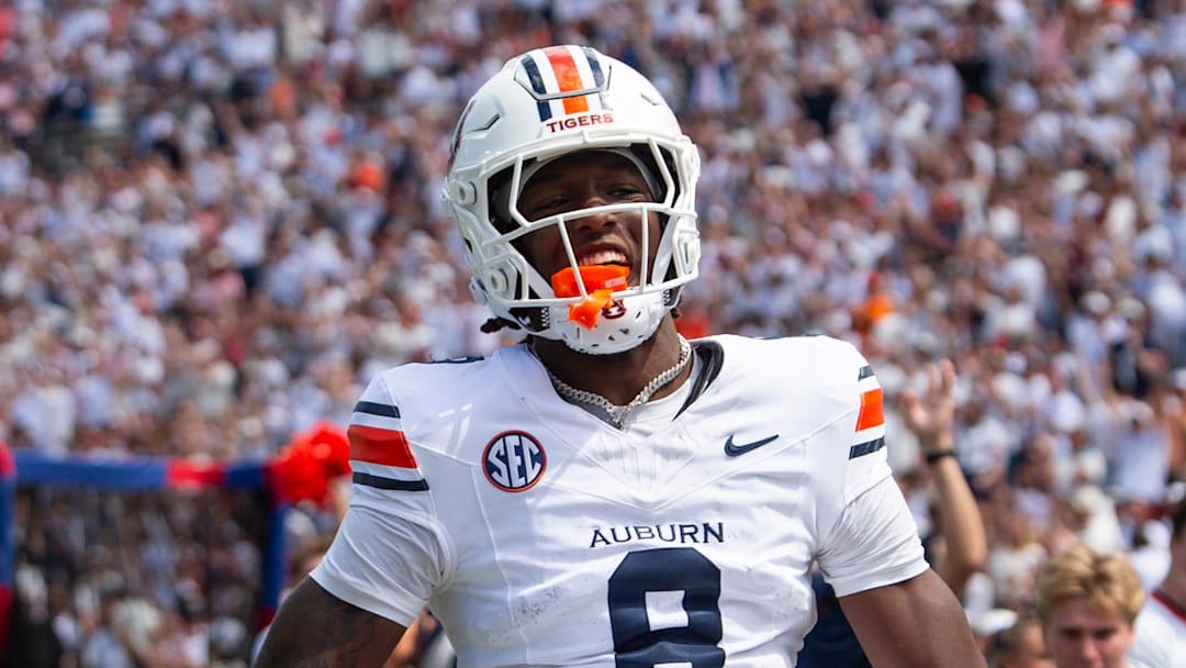 Auburn Tigers wide receiver Cam Coleman (8) celebrates his touchdown as Auburn Tigers take on South Alabama Jaguars at Jordan-Hare Stadium in Auburn, Ala. on Saturday, Sept. 13, 2025.