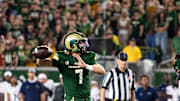 Colorado State's Jackson Brousseau makes a throw to the endzone during an NCAA football game against UTSA at Canvas Stadium on Sept. 20, 2025, in Fort Collins, Colo.