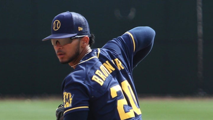 Milwaukee Brewers 2022 first round draft pick Eric Brown Jr. works on a fielding drill during minor league workouts at American Family Fields of Phoenix on March 6, 2023.

Ctk18520 2