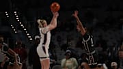 Hailey Van Lith shoots a three in TCU's loss to South Carolina on Sunday, December 8, 2024.
