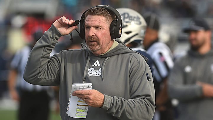 Nevada’s Jeff Choate coaches in his first game for the Wolf Pack while taking on SMU at Mackay Stadium in Reno on Aug. 24, 2024.