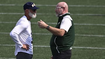 Navy Midshipmen head coach Brian Newberry speaks with UAB Blazers head coach Trent DilferMandatory Credit: Tommy Gilligan-Imagn Images