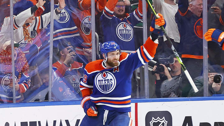 Edmonton Oilers forward Leon Draisaitl (29) celebrates after scoring a goal against the Dallas Stars