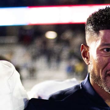 Nov 1, 2025; Chestnut Hill, Massachusetts, USA; Notre Dame Fighting Irish head coach Marcus Freeman, Notre Dame Fighting Irish quarterback CJ Carr (13) and Notre Dame Fighting Irish defensive lineman Donovan Hinish (41) after the game against the Boston College Eagles at Alumni Stadium. 