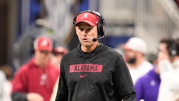 Dec 6, 2025; Atlanta, GA, USA; Alabama Crimson Tide head coach Kalen Deboer looks on during the second quarter against the Georgia Bulldogs during the 2025 SEC Championship game at Mercedes-Benz Stadium. Mandatory Credit: Dale Zanine-Imagn Images