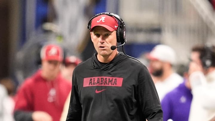 Dec 6, 2025; Atlanta, GA, USA; Alabama Crimson Tide head coach Kalen Deboer looks on during the second quarter against the Georgia Bulldogs during the 2025 SEC Championship game at Mercedes-Benz Stadium. Mandatory Credit: Dale Zanine-Imagn Images