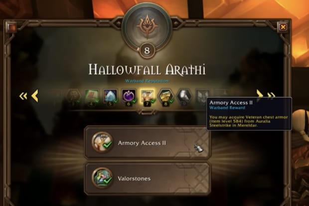 World of Warcraft: The War Within Hallowfall Arathi renown rewards.