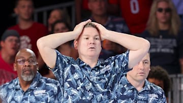 Nov 29, 2024; Paradise Island, Bahamas, BHS;  Arizona Wildcats head coach Tommy Lloyd reacts against the West Virginia Mountaineers during overtime at Imperial Arena at the Atlantis resort.  Mandatory Credit: Kevin Jairaj-Imagn Images