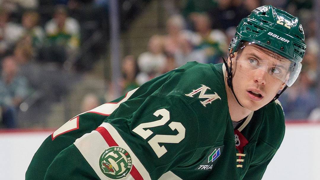 Sep 25, 2025; Saint Paul, Minnesota, USA; Minnesota Wild forward Danila Yurov (22) prepares for a face-off against the Dallas Stars in the third period at Grand Casino Arena. Mandatory Credit: Matt Blewett-Imagn Images