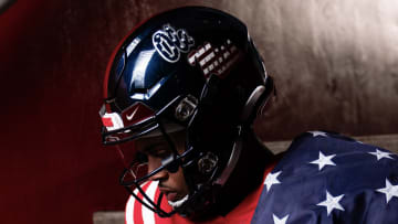 Ole Miss Rebels wide receiver Tre Harris wearing a patriotic uniform.
