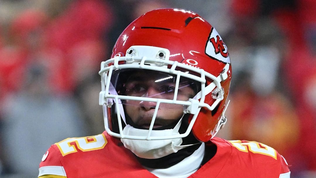 Dec 7, 2025; Kansas City, Missouri, USA; Kansas City Chiefs cornerback Trent McDuffie (22) warms up prior to the game against the Houston Texans at GEHA Field at Arrowhead Stadium. Mandatory Credit: Amy Kontras-Imagn Images