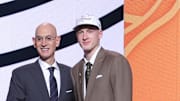 Jun 25, 2025; Brooklyn, NY, USA;  Kasparas Jakucionis stands with NBA commissioner Adam Silver after being selected as the 20th pick by the Miami Heat in the first round of the 2025 NBA Draft at Barclays Center. Mandatory Credit: Brad Penner-Imagn Images