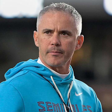 Nov 1, 2025; Tallahassee, Florida, USA; Florida State Seminoles head coach Mike Norvell looks on before the game against the Wake Forest Demon Deacons at Doak S. Campbell Stadium. Mandatory Credit: Melina Myers-Imagn Images