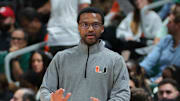 Nov 3, 2025; Coral Gables, Florida, USA; Miami Hurricanes head coach Jai Lucas reacts from he sideline against the Jacksonville Dolphins during the first half at Watsco Center. Mandatory Credit: Sam Navarro-Imagn Images