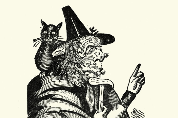 Witch with black cat sat on her shoulder, 18th Century woodcut
