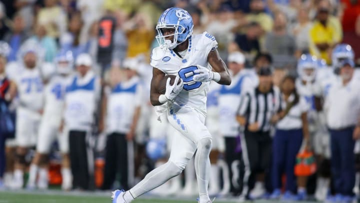 Oct 28, 2023; Atlanta, Georgia, USA; North Carolina Tar Heels wide receiver Devontez Walker (9) catches a pass against the Georgia Tech Yellow Jackets in the second half at Bobby Dodd Stadium at Hyundai Field. Mandatory Credit: Brett Davis-USA TODAY Sports