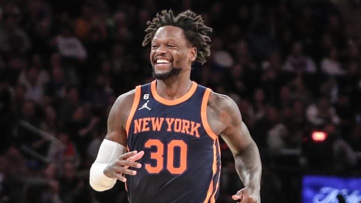 Feb 25, 2023; New York, New York, USA;  New York Knicks forward Julius Randle (30) smiles after scoring against the New Orleans Pelicans in the fourth quarter at Madison Square Garden. Mandatory Credit: Wendell Cruz-USA TODAY Sports