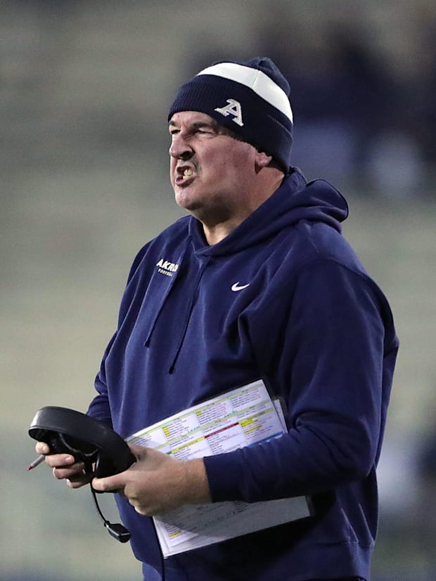 Akron Zips coach Joe Moorhead reacts after calling his final first-half timeout at Kent State on Nov. 19, 2024.