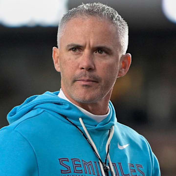 Nov 1, 2025; Tallahassee, Florida, USA; Florida State Seminoles head coach Mike Norvell looks on before the game against the Wake Forest Demon Deacons at Doak S. Campbell Stadium. Mandatory Credit: Melina Myers-Imagn Images