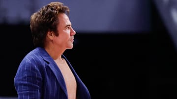 Oct 28, 2023; Detroit, Michigan, USA;  Detroit Pistons owner Tom Gores watches during the first half