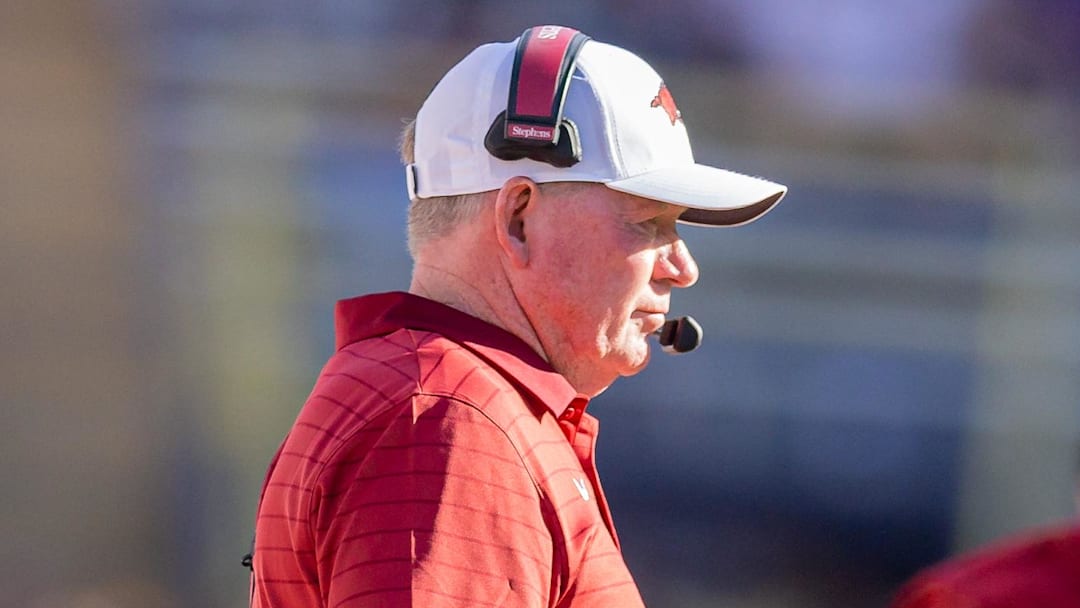 Arkansas interim head coach Bobby Petrino looks on against the LSU Tigers during the second half at Tiger Stadium.