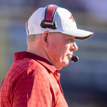 Arkansas interim head coach Bobby Petrino looks on against the LSU Tigers during the second half at Tiger Stadium.